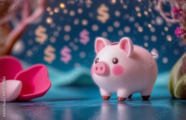 Fototapeta A charming scene depicts a piggy bank, representing savings, set against a dreamlike, money-filled backdrop, hinting at wealth and financial goals. Pink and blue hues create a whimsical atmosphere, pr