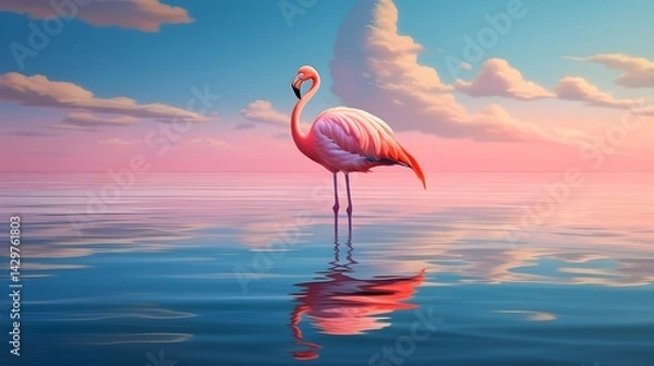 Fototapeta A spectacular Pink Flamingo standing gracefully in a shallow lagoon, its soft pink feathers glowing under the golden afternoon sun. The tranquil waters reflect the endless blue sky.