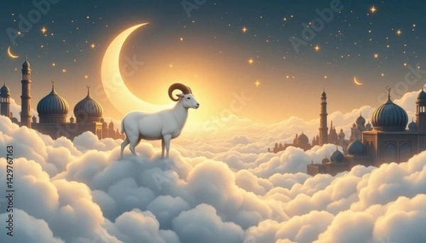 Fototapeta Eid al-Adha: A Celestial Ram on Clouds Above Mosques and Crescent Moon