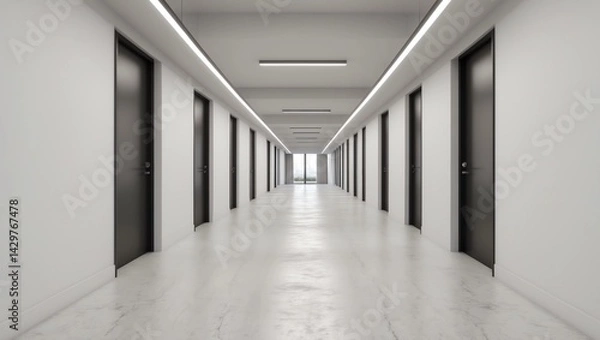 Obraz Long corridor with closed black doors