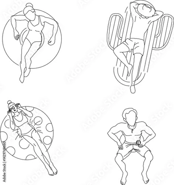 Fototapeta silhouette design vector illustration sketch of a person doing relaxing activities sitting on a float above a swimming pool