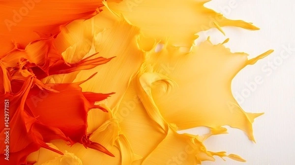 Fototapeta Close-up shot shows textured paint blending from orange to yellow, covering a white base