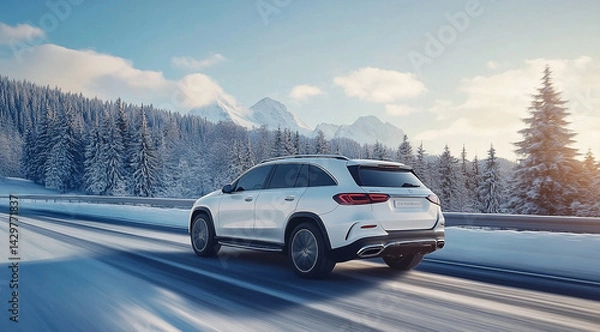Fototapeta Captivating winter drive: White SUV gliding on a snowy highway landscape