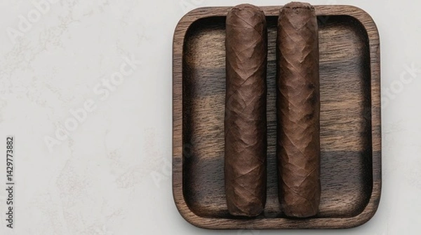 Fototapeta Two neatly arranged cigars on a wooden tray, showcasing their textured, dark wrappers against a light marble background.