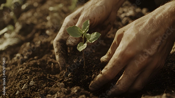 Obraz Hands Planting a Seedling in Soil