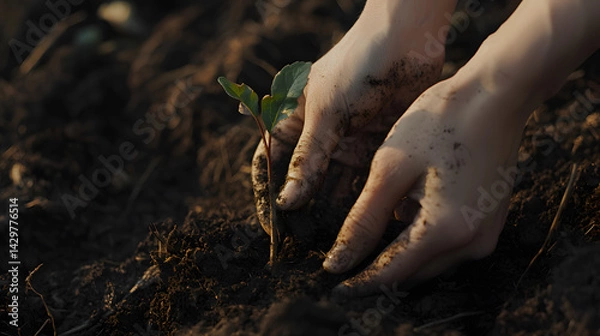 Obraz Hands Planting a Seedling in Soil