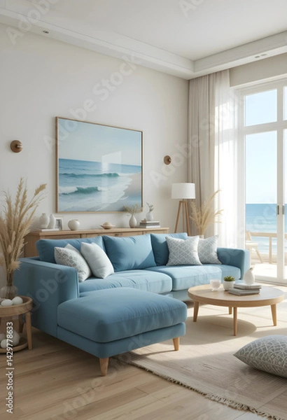 Obraz 3D rendering of a living room interior featuring a calming ocean. Inspired atmosphere.