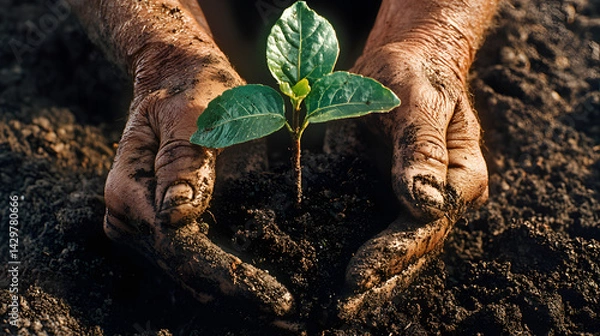 Obraz Hands Planting a Seedling in Rich Soil
