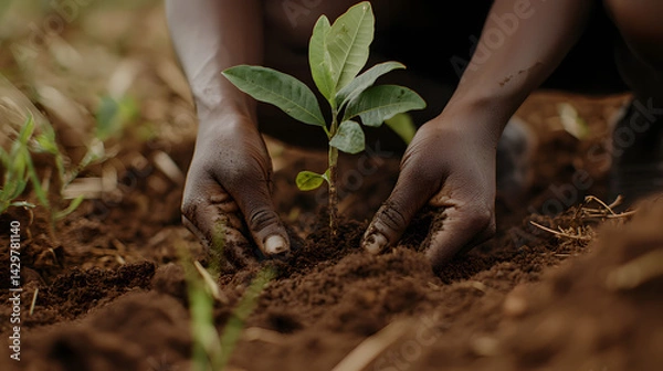 Obraz Hands Planting a Young Sapling in Soil