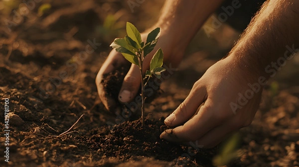 Obraz Hands Planting a Sapling in Soil
