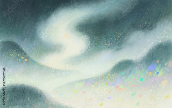 Obraz Fantasy realm, beautiful illustrations, surreal dreams, healing style, with light rain and misty smoke