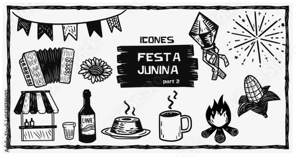 Obraz Rustic woodcut-style illustration of "Festa Junina" icons: bonfire, accordion, corn, fireworks, food, drinks, and flags from Brazil's traditional June festival.