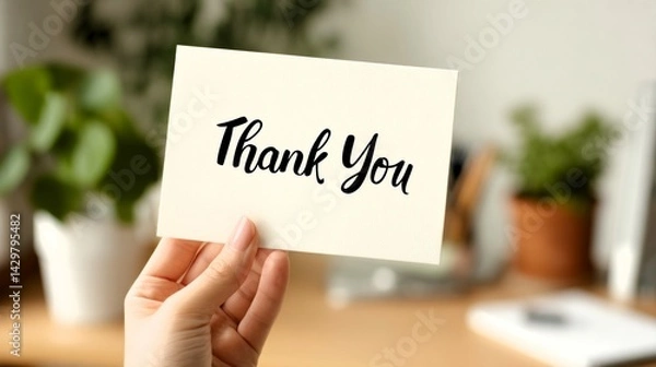 Obraz Thank you card appreciation gratitude kindness recognition message hand plants desk office stationery