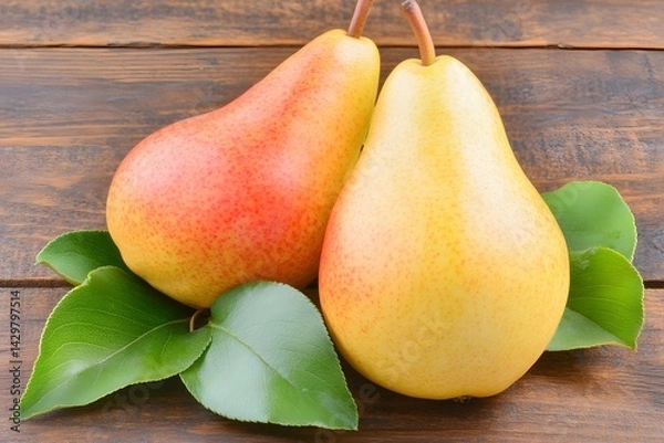 Fototapeta Two Ripe Pears on Wooden Background with Leaves
