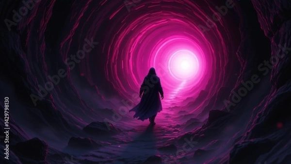 Obraz A spectral form, barely discernible amidst the swirling darkness, moves deliberately through a subterranean channel