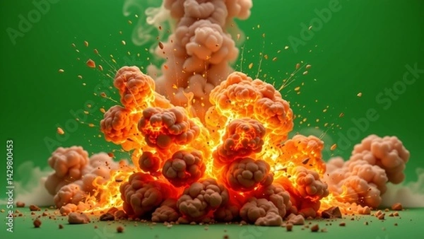 Obraz A meticulously crafted, 4K rendered explosion sequence designed for chroma key compositing against a green screen