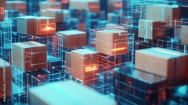 Obraz Neatly stacked packages delivery warehouse boxes stacked in a warehouse background showing industrial logistics and modern fulfillment operations. AI generative