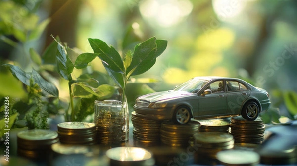 Obraz A model car on a pile of car coins money finance investment representing smart budgeting, insurance savings. AI generative