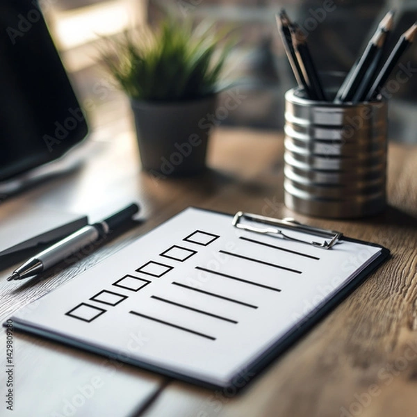 Obraz Modern office desk with eventplanning checklist office desk workspace setup featuring productivity tools. AI generative