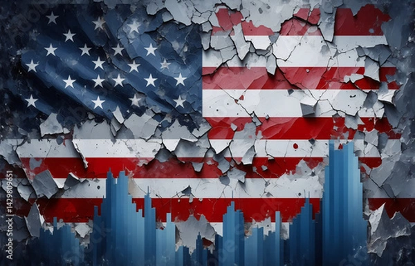 Fototapeta A weathered American flag, cracked and crumbling, reveals a stark financial chart below, symbolizing economic hardship.