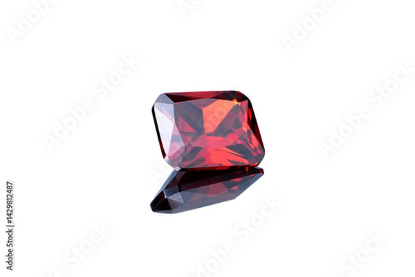 Fototapeta Red Ruby gemstone Round Cut isolate on white background, close up shot