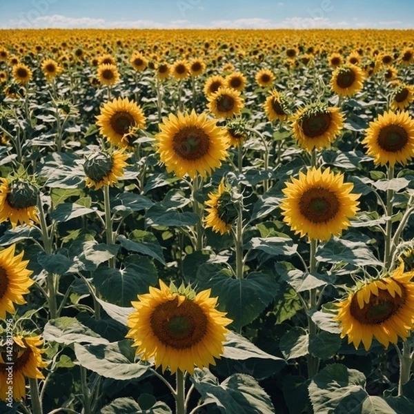 Obraz A field of sunflowers and blue sky on a white background