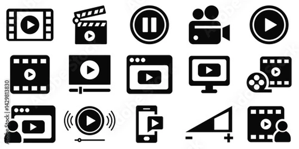 Obraz Multimedia Video Icon Set – Play, Pause, Camera, Streaming, Cinema, and Production Symbols in Solid & Outline Style