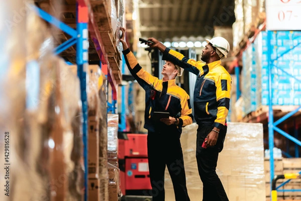 Fototapeta Warehouse staff count inventory for precise stock levels, timely orders, and efficient operation.