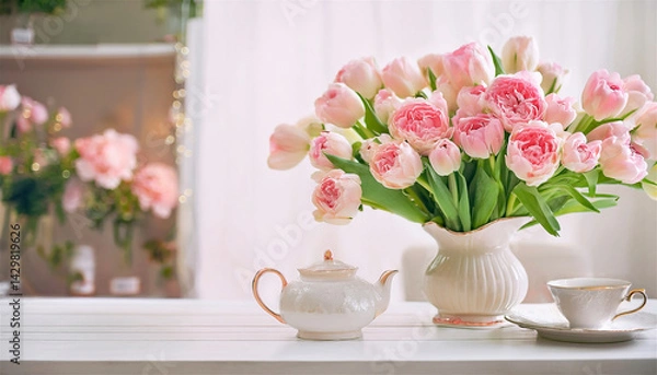 Obraz 母の日のペールピンクのチューリップのお花のブーケとプレゼント