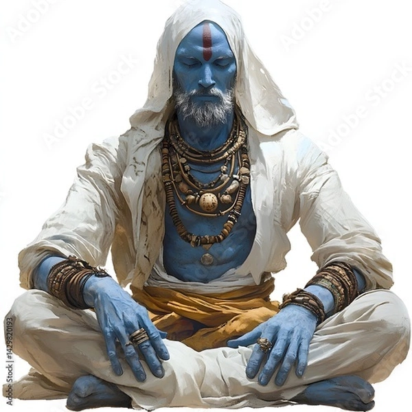 Fototapeta A serene, blue-skinned figure with a white beard, adorned in robes and jewelry, evokes wisdom and mystique. Mythical Jinn creature isolated on a white background