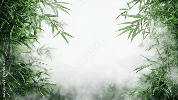 Fototapeta Green bamboo leaves with misty white background, serene and copy space