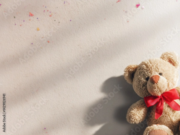 Fototapeta Fluffy teddy bear with red bow in lower-right corner, pastel background with wide-angle empty space, soft light, subtle Children’s Day confetti accents, minimalist high-resolution portrait.