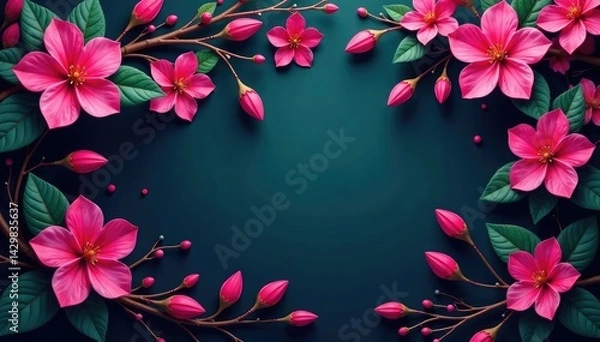 Obraz Vibrant fuchsia blossoms, intricate leafy vines, floral pattern, floral design