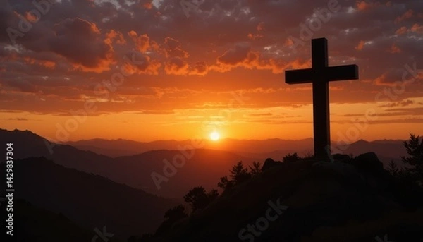 Fototapeta Cross Silhouette at Scenic Sunset with Mountain Views