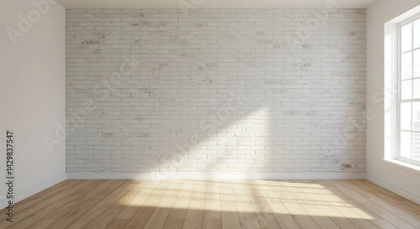 Fototapeta Empty brick White room in condominium.brick wall and wood floor in room for artwork. classic interior design. 3D Render