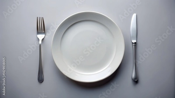 Fototapeta A solitary fork lies next to a clean plate with no visible food, contrasting against a plain background, isolated from any distracting elements , utensil alone, empty plate