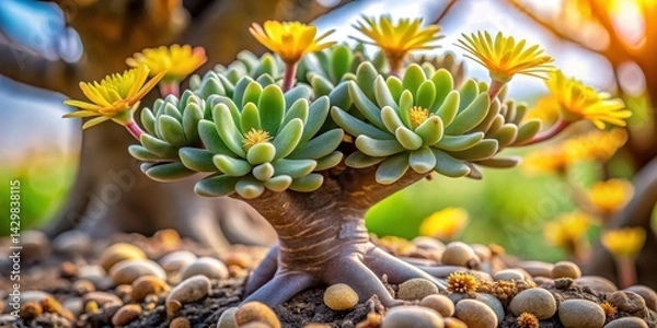 Fototapeta A low-growing cactus lithops plant grows in the branches of a small tree with sparse foliage, partially shaded by leaves and flowers