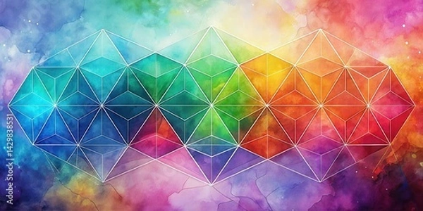 Fototapeta Geometric shapes blend with watercolor effect on gradient background