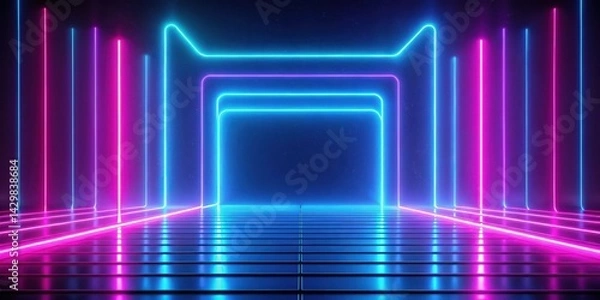 Fototapeta Glowing neon lines on a dark abstract background, with vibrant pink and blue hues , digital, modern art