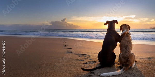 Obraz Dog friends sitting on the beach at sunset, looking over the ocean. One dog has his arm around his best friend.