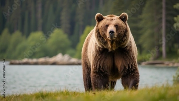 Fototapeta "Powerful Wild Grizzly Bear in Nature by Water – Majestic Wildlife Photography"