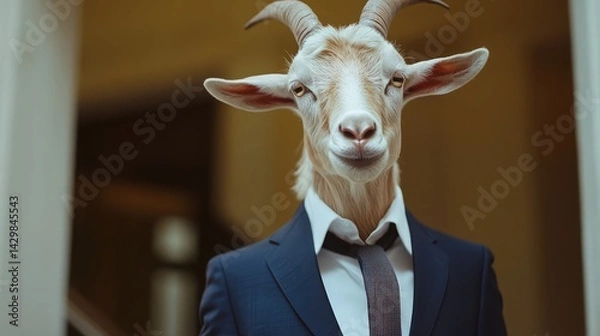 Fototapeta A handsome goat dressed in a neat suit, with a blurred background.