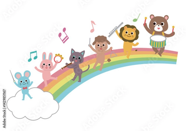 Obraz 虹の上で楽器を演奏しながらパレードする動物たち