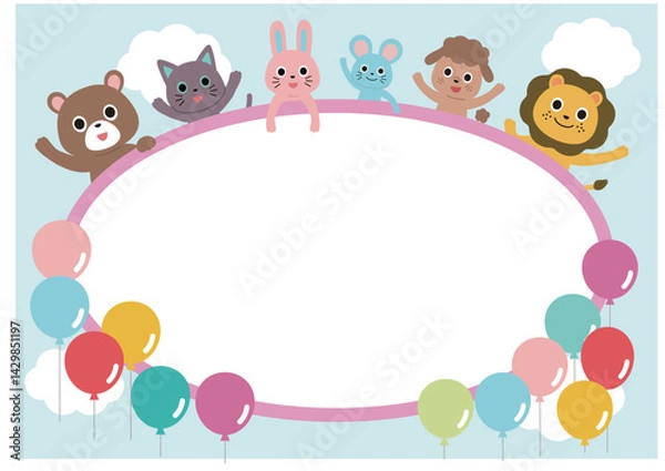 Obraz 可愛い動物たちと風船と青空のフレーム　楕円横