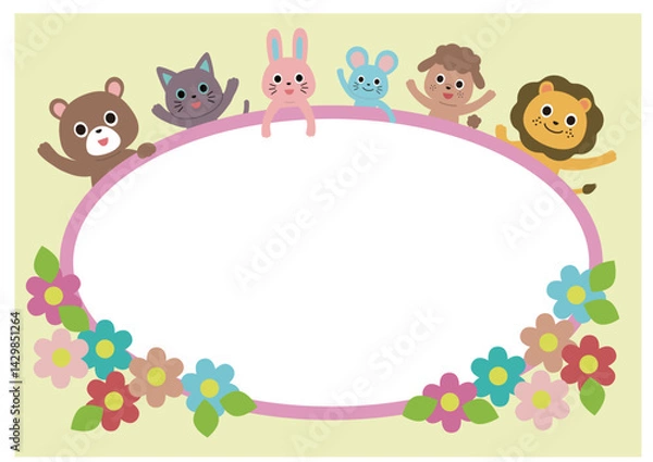 Fototapeta かわいい動物たちとお花のフレーム　楕円形横