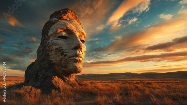 Fototapeta Stone statue of a face with a cloudy sky background