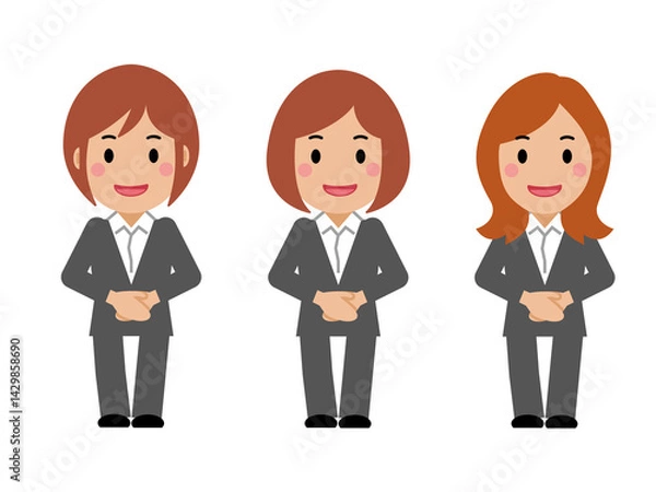 Fototapeta 手を前で重ね、笑顔のグレースーツの若い女性