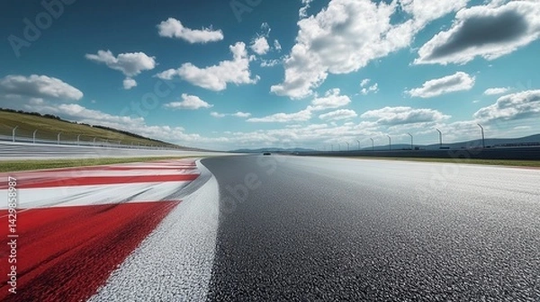 Obraz Race track asphalt road curving with red and white lines under a sunny sky.