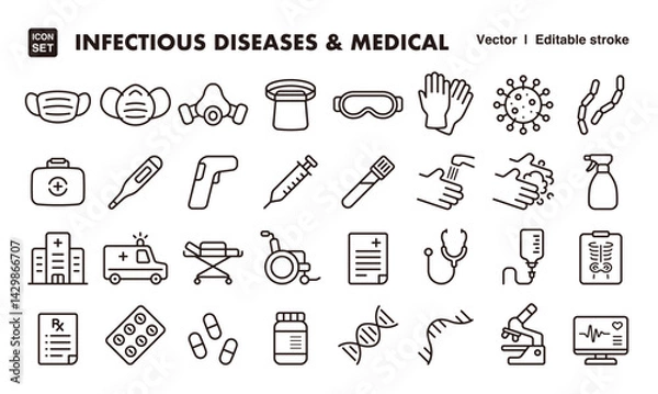 Obraz Infectious diseases and medical care line icon set. Vector editable stroke icon.