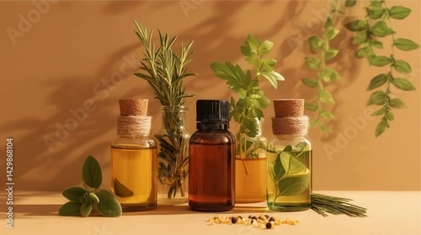 Fototapeta Organic oils displayed with fresh herbs on a neutral background for natural wellness